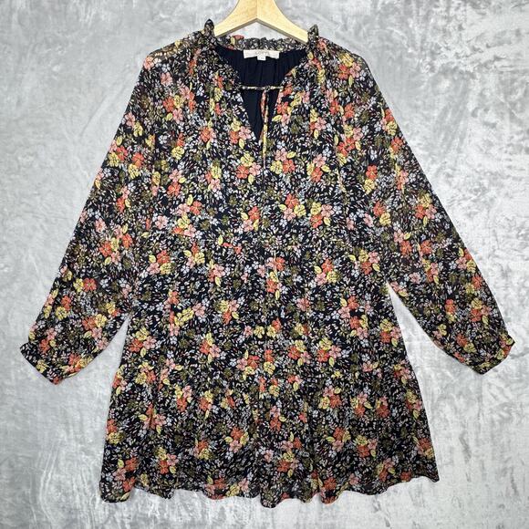 LOFT Dress Womens Medium Black Floral Long Sleeve Ruffle Neck Boho Tunic Lined - Picture 1 of 13